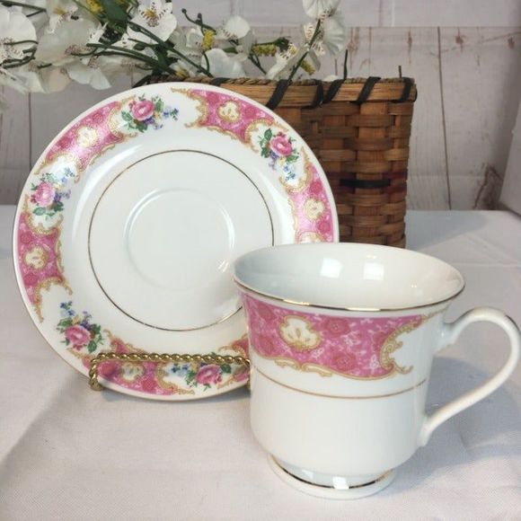Elegant Pink & Gold Floral China Teacup Set of 2 Pink Tea For Two - Picture 8 of 8